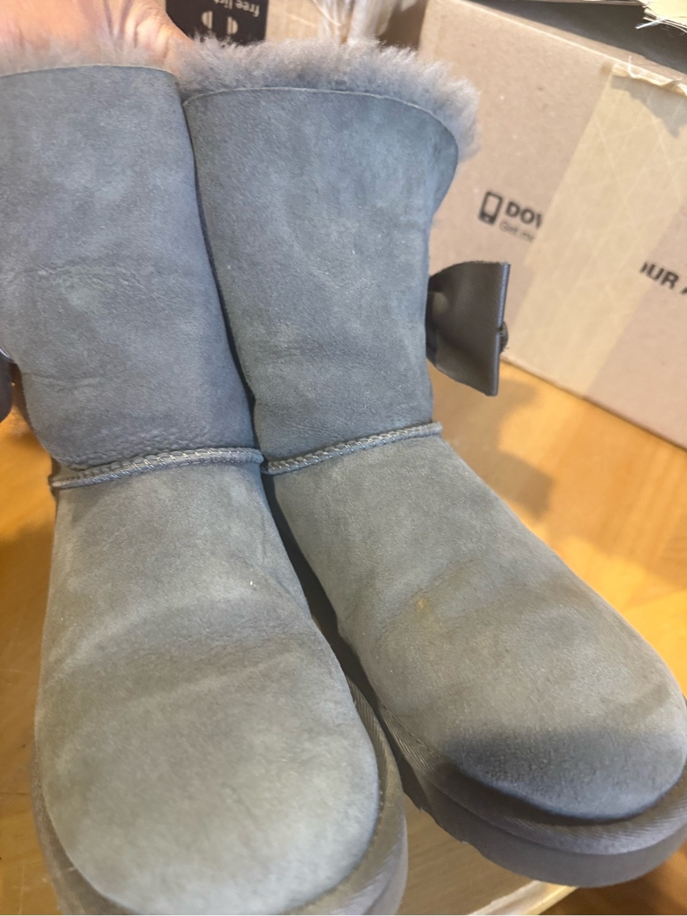 UGG Gray Suede Short Shearling Boots with Bow - Picture 8 of 12